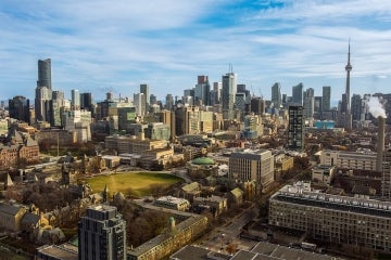 An aerial shot of downtown Toronto with Թϱ's St. George campus in the centre
