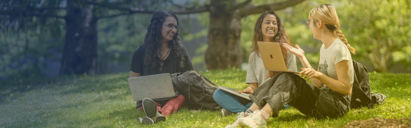 3 female students sitting on grassy hill, smiling and talking